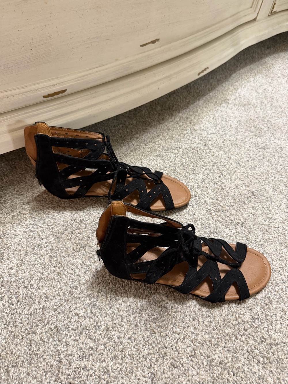 Women's Black Lace-Up Gladiator Sandals with Tan Footbed